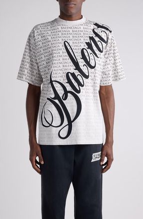 Balenciaga Medium Fit Big B Cursive Logo Graphic T-Shirt in Dirty White/Black at Nordstrom, Size X-Large