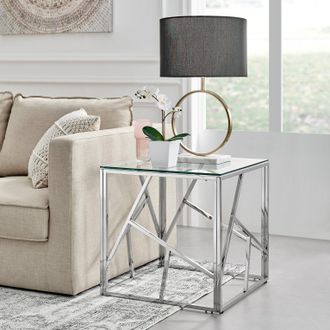 Furniturebox Amalfi Chrome Metal Side Table - Square Clear Glass & Metal Table - Abstract Pattern - Sleek, Chic, Bright & Airy in Silver