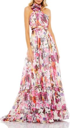 Mac Duggal Asymmetrical Ruffled Halter Floral Gown in Pink/white Multi at Nordstrom, Size 10