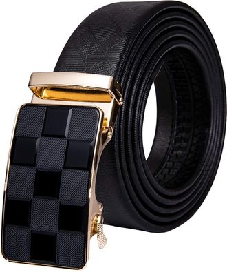 Barry.Wang Ratchet Belt for Men Leather Black Belts Gold Check Buckle Adjustable Slide Dress Golf Wedding Business Celebration Casual