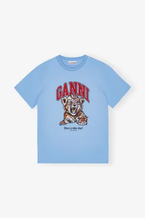Ganni Blue Relaxed Jersey Tiger T-shirt - Size XXS Organic Cotton