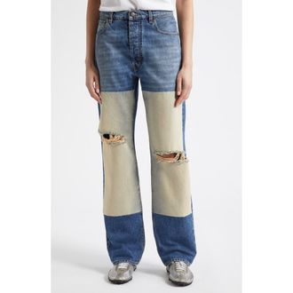 Maison Margiela Ripped High Waist Patchwork Panel Straight Leg Jeans in Medium Blue at Nordstrom, Size 27