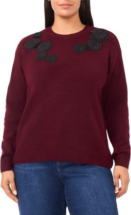 CeCe by Cynthia Steffe Floral Appliqué Crewneck Sweater in Wine at Nordstrom, Size 1X