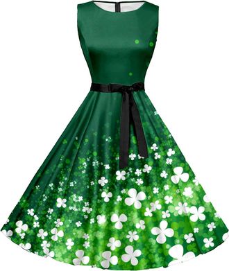Generic St Patricks Day Irish Fancy Dress Sleeveless A-Line Dress Retro Vintage Green Swing Dress Shamrocks Clover Pattern Costume Irish Dancing Dress for Fes