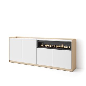 Skraut Home Aparador efecto madera blanco roble 210x37x80cm chimenea efecto fuego