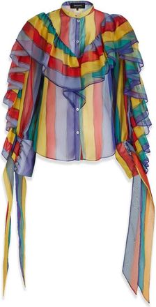 Rochas Gestreept Bloesje met Ruches - Dames - Blouses - Veelkleurig - S - Polyester - Overhemden