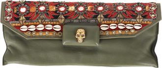 Alexander McQueen Alexander McQueen Pre-owned Womens Embellished Flap Clutch Bag in Olive Leather - One Size