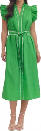 Entro Ruffle Sleeve Midi Dress In Green/white