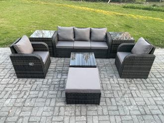 Fimous Garden Furniture Sets 6 Pieces Wicker Rattan Furniture Patio Sofa Sets with Reclining Chair 3 Seater Sofa in Dark Grey