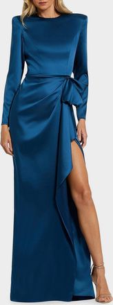 Mac Duggal Draped Side-Slit Satin Column Gown