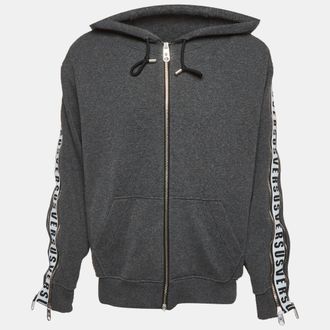 Versace Versus Versace Grey Cotton Knit Logo Tape Zip Detail Hooded Jacket