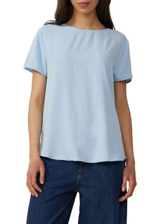 QS by s.Oliver Kurzarmbluse QS, Damen, Gr. 42, blau (mid blau), Obermaterial: 100% Viskose, bedruckt, regular fit taillenbedeckt, Rundhals, Blusen Kurzarmbluse, mit 