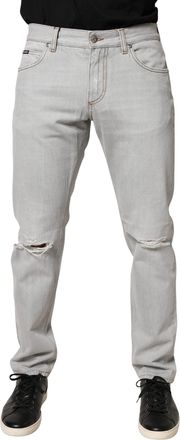 Dolce & Gabbana Mens Light Gray Ripped Cotton Regular Denim Jeans Clothing