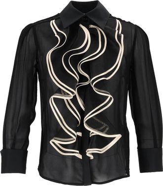 Elisabetta Franchi Black Sheer Wavy Ruffle Blouse