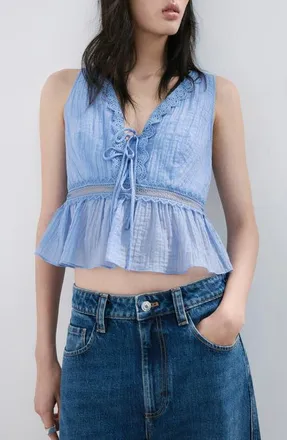 Mango Elena Lace Peplum Top in Sky Blue at Nordstrom, Size X-Small