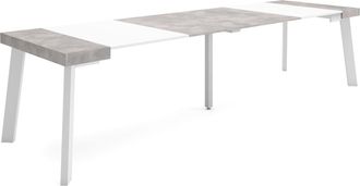Skraut Home Skraut Home - Mesa Consola Extensible, Mesa Comedor Plegable, 300, Para 14 Comensales, Patas De Madera, Estilo Moderno, Blanco Y Gris Cemento