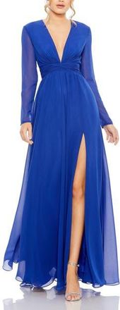 Mac Duggal V-Neck Front Twist Long Sleeve Gown in Sapphire at Nordstrom, Size 12