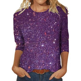 Generic White Sequin Top Long Sleeve Womens Sparkly Sequin Tops Crew Neck 3/4 Sleeve Shiny T Shirts Evening Clubbing Party Blouses Top Glitter Casual Tee Shir