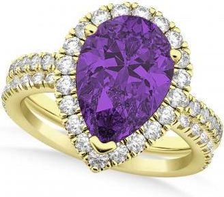 Allurez Amethyst & Diamonds Pear-Cut Halo Bridal Set 14K Yellow Gold (2.48ct)