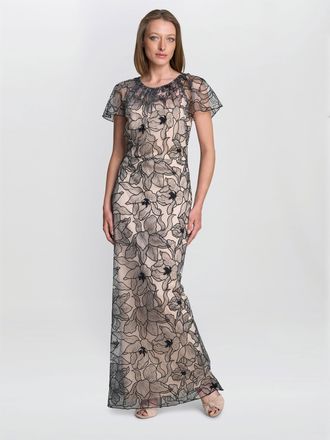 Gina Bacconi Womens Marie-Claire Floral Embroidered Mesh Maxi Dress - Black - Size 10 UK