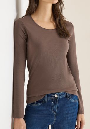 Cecil Langarmshirt CECIL Style Pia, Damen, Gr. XS (36), urban taupe, Jersey, Obermaterial: 100% Baumwolle, regular fit normal, Rundhals, gerader Abschluss, 