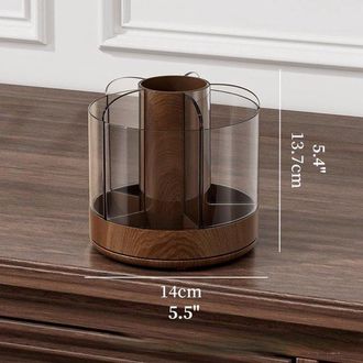 OEM Soporte Giratorio De Acr&iacute;lico Para Brochas De Maquillaje, 13,7 X 14 Cm, Gira 360&deg;, Esmaltes De U&ntilde;as Y Peines, Acabado En Madera Oscura