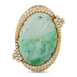 Luxury Bazaar 18K Yellow Gold 1.50ct Diamond and Carved Jade Brooch MF10-070126