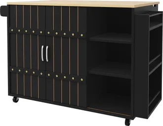 STILVORA Carro De Cocina Con 3 Cajones, 2 Puertas Correderas, Estantes Ajustables, Toallero Y Ruedas, En Mdf, Negro, 110 X 42 X 90 Cm