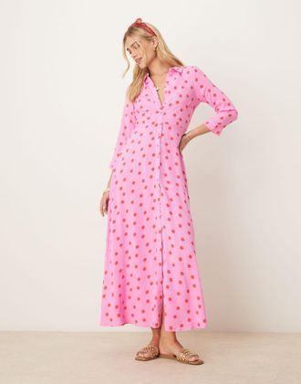 Vero Moda maxi shirt dress in pink and red polka dot print