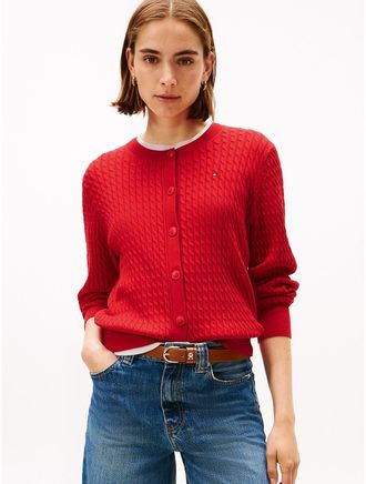 Tommy Hilfiger Womens Lightweight Cable Knit Cardigan - Red - XXS