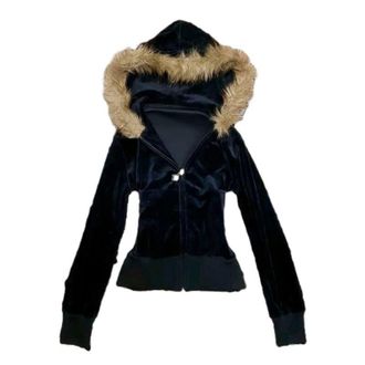 Generic Vintage Fur Hood Jacket Fitted Zip Up Hoodie Y2k Fur Hood For Women Retro Cute Winter Streetwear Jacket (Black,S)