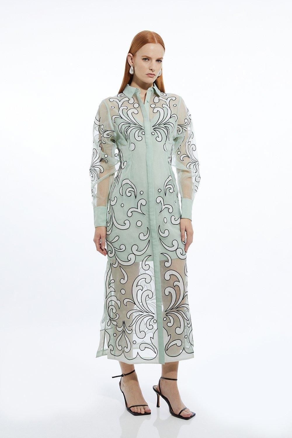 Karen Millen Applique Organdie Woven Midi Shirt Dress from