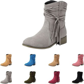 Generic Wide Fit Boots For Women uk Wide Fit Suede Ankle Boots Women Round Toe Low Heel Booties Slip On Mid Calf Shoes Comfortable Ankle Cowgirl Cowboy Boots 