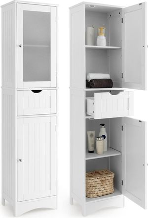 Costway Costway Armario Alto De Ba&ntilde;o Con 2 Puertas Y 1 Caj&oacute;n, Armario Independiente Con Estantes Ajustables Y Puerta De Vidrio Esmerilado, Mueble Columna De B