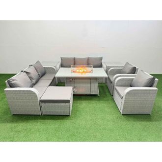 Fimous Pe Rattan High Back Lounge Sofa Set Patio Firepit Dining Table & Chairs Set with 3 Seater Sofa Reclining Chair Big Footstool 2 Side Table Light Grey
