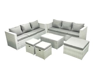 Fimous Garden Outdoor PE Rattan Furniture Set 9 Seater Rattan Garden Sofa Set with 3 Footstools Light Grey Mixed
