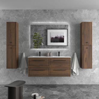 Cygnus Bath Mueble De Ba&ntilde;o Runa 120cm Nogal 4 Cajones Lavabo 2 Pozas Porcelana