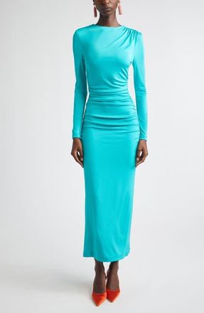 Carolina Herrera Ruched Long Sleeve Stretch Jersey Dress in Turquoise at Nordstrom, Size Xx-Large
