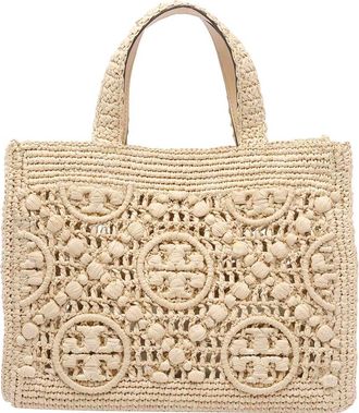 Tory Burch Beige Raffia T Monogram Tote Bag