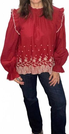Merci Embroidered Eyelet Ruffled Top In Burgundy Berry