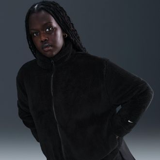 Nike Womens Nike Sportswear Essential High-Pile Fleece Jacket (Plus Size) in Black | HV2817-010