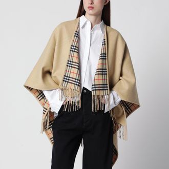 Burberry Reversible wool check cape with fringes in sand beige