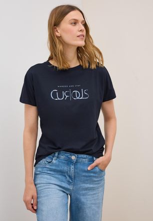 Cecil T-Shirt CECIL, Damen, Gr. XS (36), urban dunkelblau, Jersey, Obermaterial: 50% Baumwolle, 50% Modal, bedruckt, normal h&uuml;ftbedeckend, U-Boot-Ausschnitt