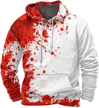 Generic Halloween Hoodies For Men UK Bloody Sweatshirt with Pockets Blood Printed Hooded Shirts Casual Long Sleeve Pullover Fashion Autumn Winter Coats (White