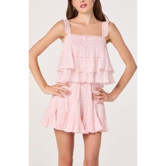 ASTR the Label Delia Pleated Lace Inset Tiered Babydoll Top in Pink at Nordstrom, Size Small