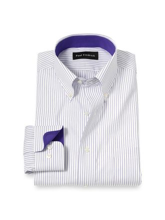 Paul Fredrick Non-iron Cotton Stripe Dress Shirt With Contrast Trim