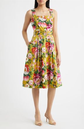 Tahari by ASL Floral Print Fit & Flare Sundress in Mustard Floral at Nordstrom, Size 16