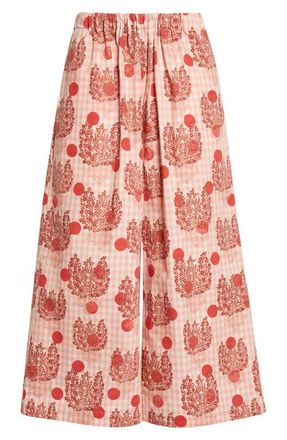 Comme Des Gar&ccedil;ons Polka Dot Floral Gingham Cotton Poplin Wide Leg Pants in Pink at Nordstrom