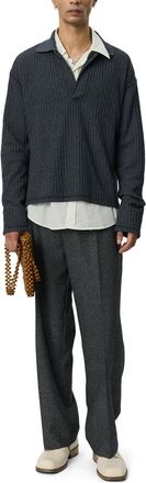 Mfpen Ribbed Texture Polo With Deep V-Neck And Relaxed Fit