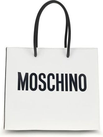 Moschino Logo-Print Calf Leather Tote Bag White
